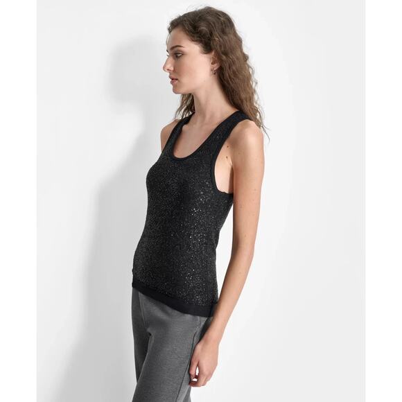 DKNY Women's Round-Neck Sleeveless Sequin Tank Top Black Size XL 1446 - Picture 3 of 3